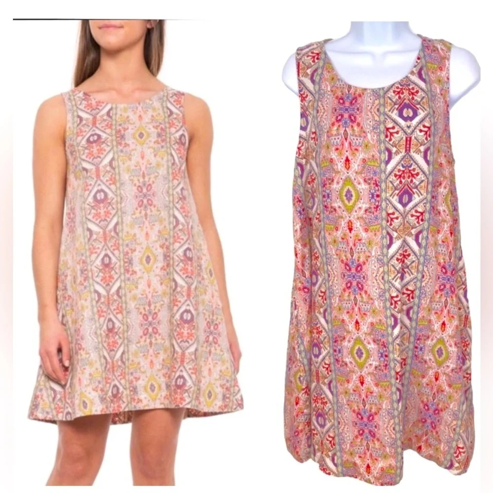 EUC Rachel Zoe Multicolor Aztec Print Sleeveless Linen Dress Size Small